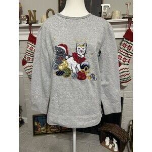 Vintage Sz Small Bobbie Brooks Christmas Cat Sweatshirt Embroidered Grannycore